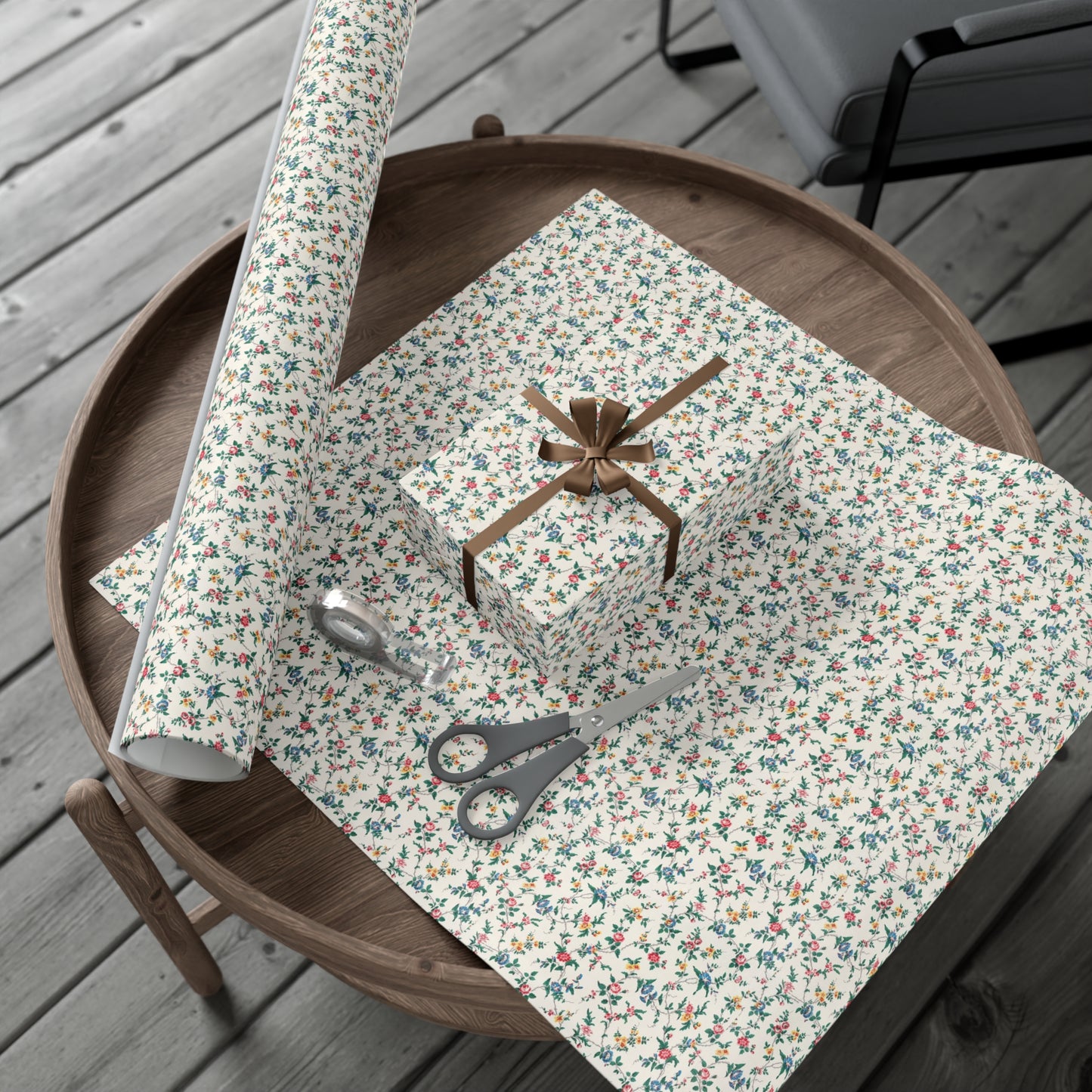 Elegant wildflower gift wrap in soft beige with delicate floral design, eco-friendly wrapping paper for birthdays, weddings, and special occasions.