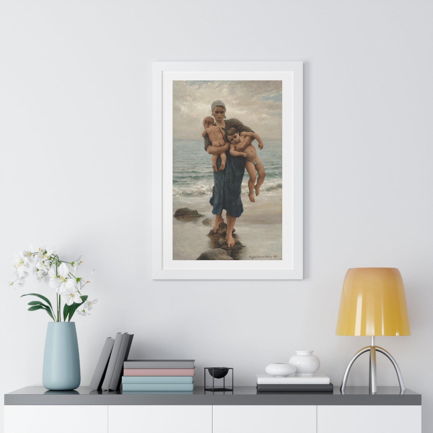 Mother's Day Gift, Framed Poster of Fisherman's Wife Bathing Her Children by Virginie Demont Breton, Home Wall Decor, Ready to Gift