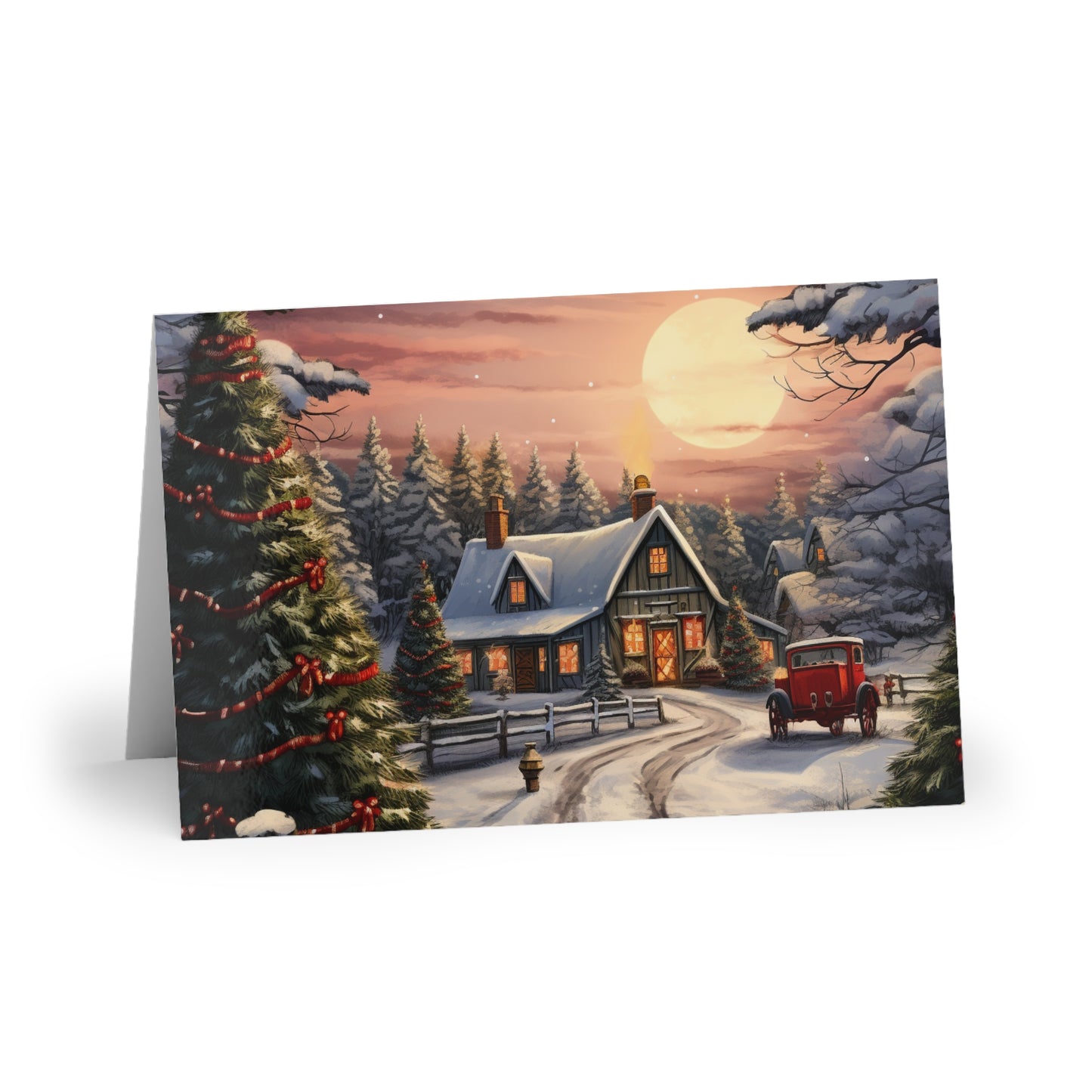 Cozy Christmas Tree Farm Postcard - Winter Sunset Scene - Warm Home & Red Tractor Illustration - Premium Quality - Festive Holiday Greeting