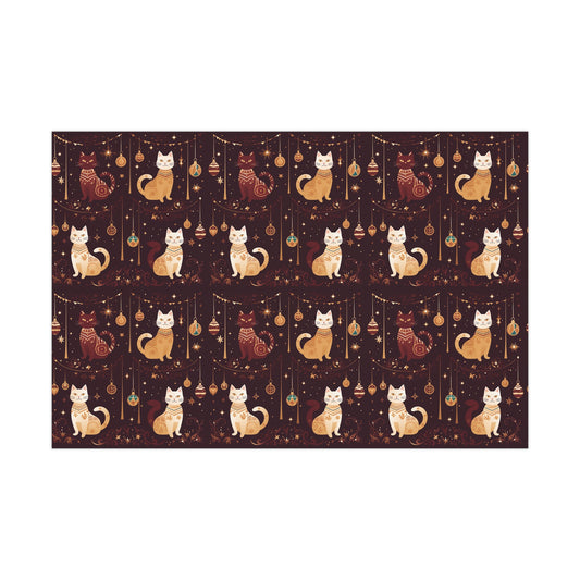 Elegant Cat Christmas Wrapping Paper - Golden Ornaments on Maroon - Luxury Festive Gift Wrap for Christmas, New Year, Chinese New Year