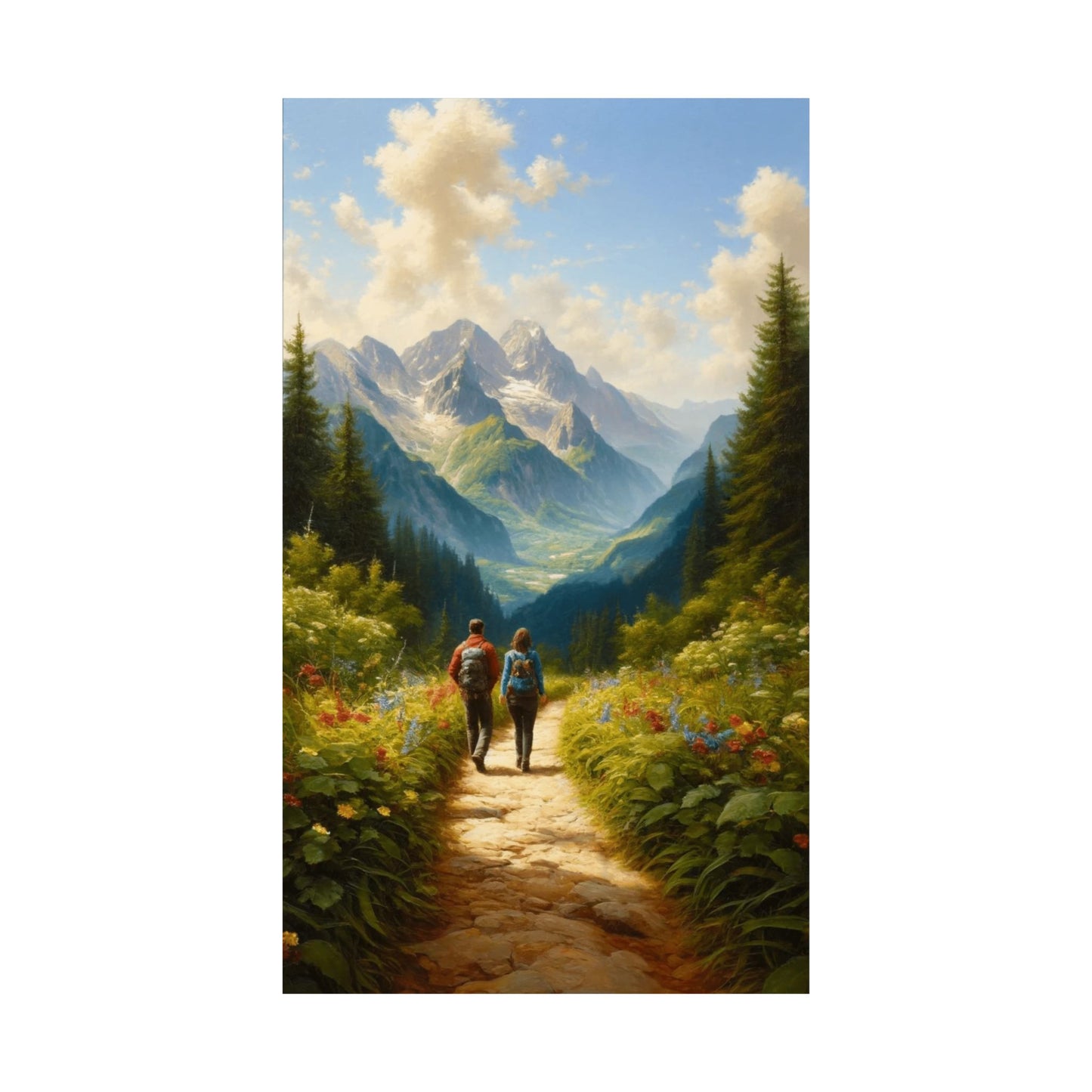 Summer Mountain Hike Poster, Couple's Trail Adventure Print, Vibrant Home Decor for Hiking and Sports Enthusiasts