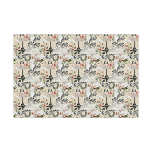 Vintage Antique Floral and Eiffel Tower Wrapping Paper - Retro Bird and Flower Pattern for Scrapbooking and Nostalgic Gifts