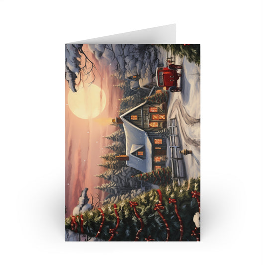 Cozy Christmas Tree Farm Postcard - Winter Sunset Scene - Warm Home & Red Tractor Illustration - Premium Quality - Festive Holiday Greeting
