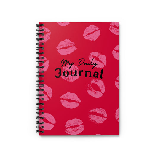 Chic Lipstick Kisses Spiral Notebook, Daily Journal, Pink on Red Pattern, Back to School Gift for Cool Girls