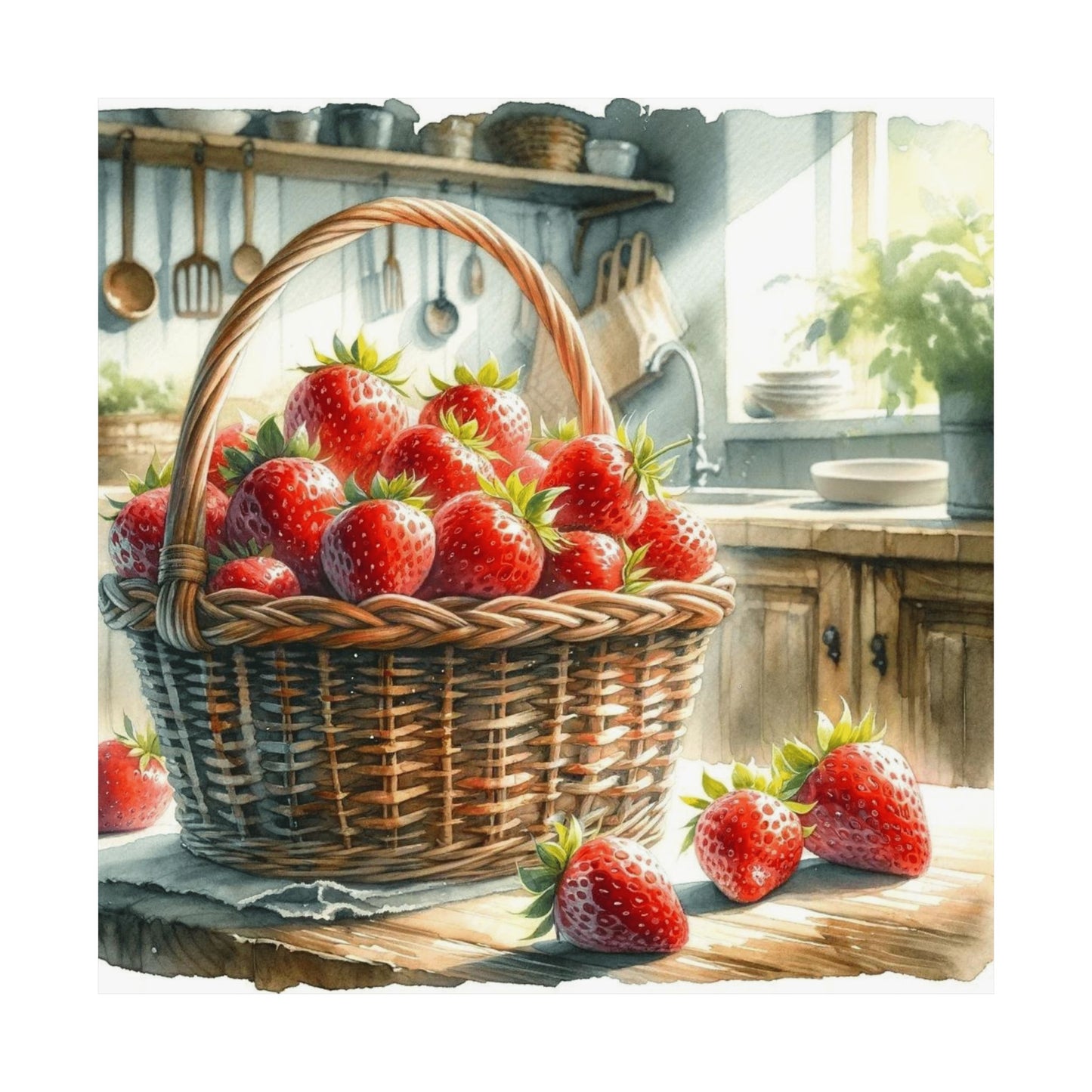 Juicy Strawberries Watercolor Print, Summer Kitchen Wall Art, Vibrant Fruit Basket Poster, Perfect Home Decor