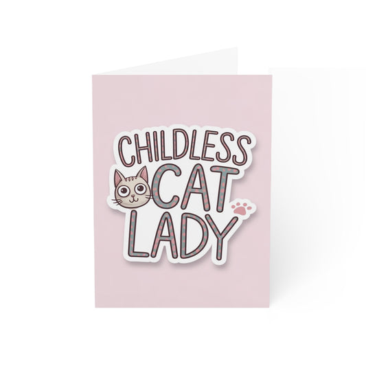 Childless Cat Lady Greeting Card, Cute Cat Face on Pink, Cheeky and Chic Gift for Friends, Girl Power Vibes