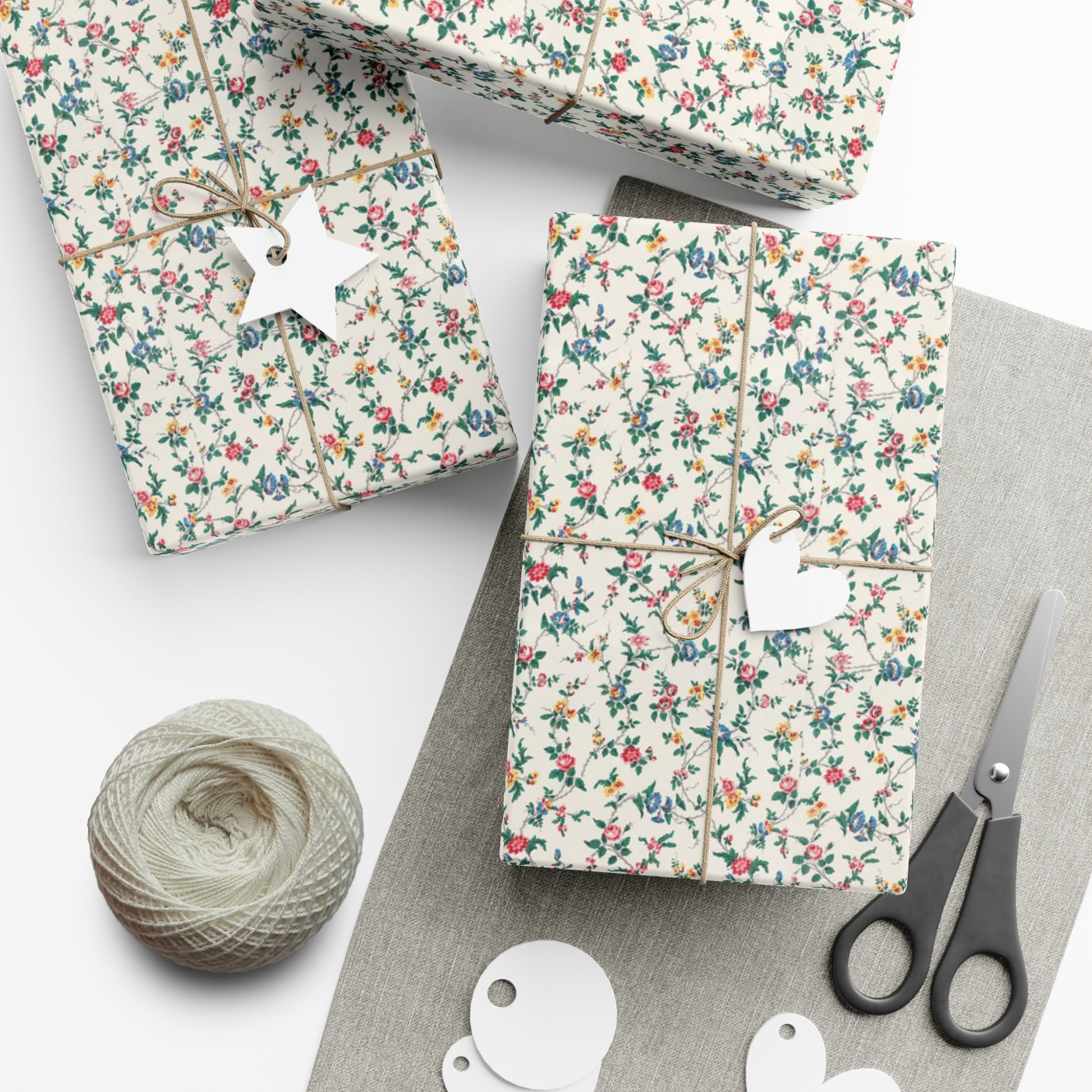 Elegant wildflower gift wrap in soft beige with delicate floral design, eco-friendly wrapping paper for birthdays, weddings, and special occasions.