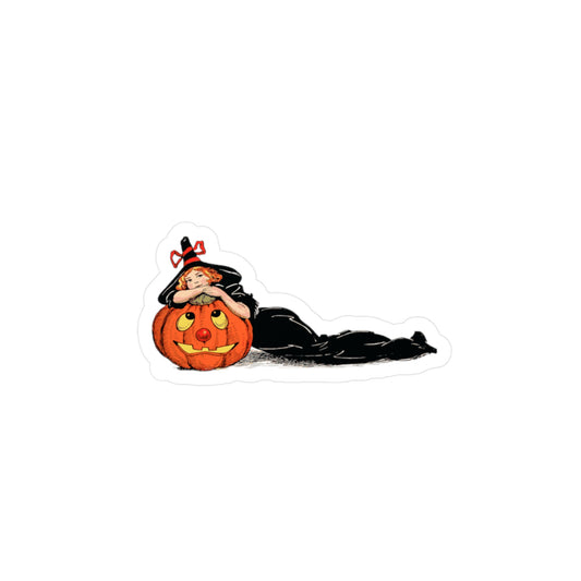 Vintage Halloween Witch with Pumpkin Vinyl Decal Sticker, Holiday Decor, Cute Sticker Great Gift for Laptop and Water Bottle
