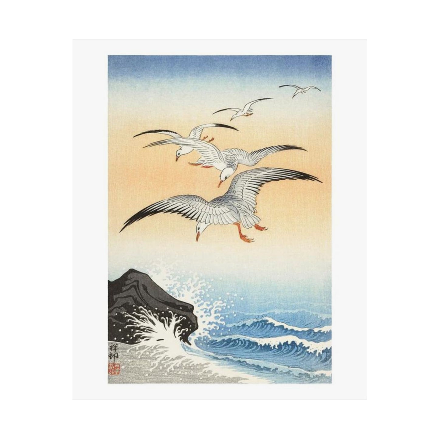 Japanese Art Print - Ohara Koson Five Seagulls Above Turbulent Sea - Nature Art Poster - Ideal Home Decor Gift