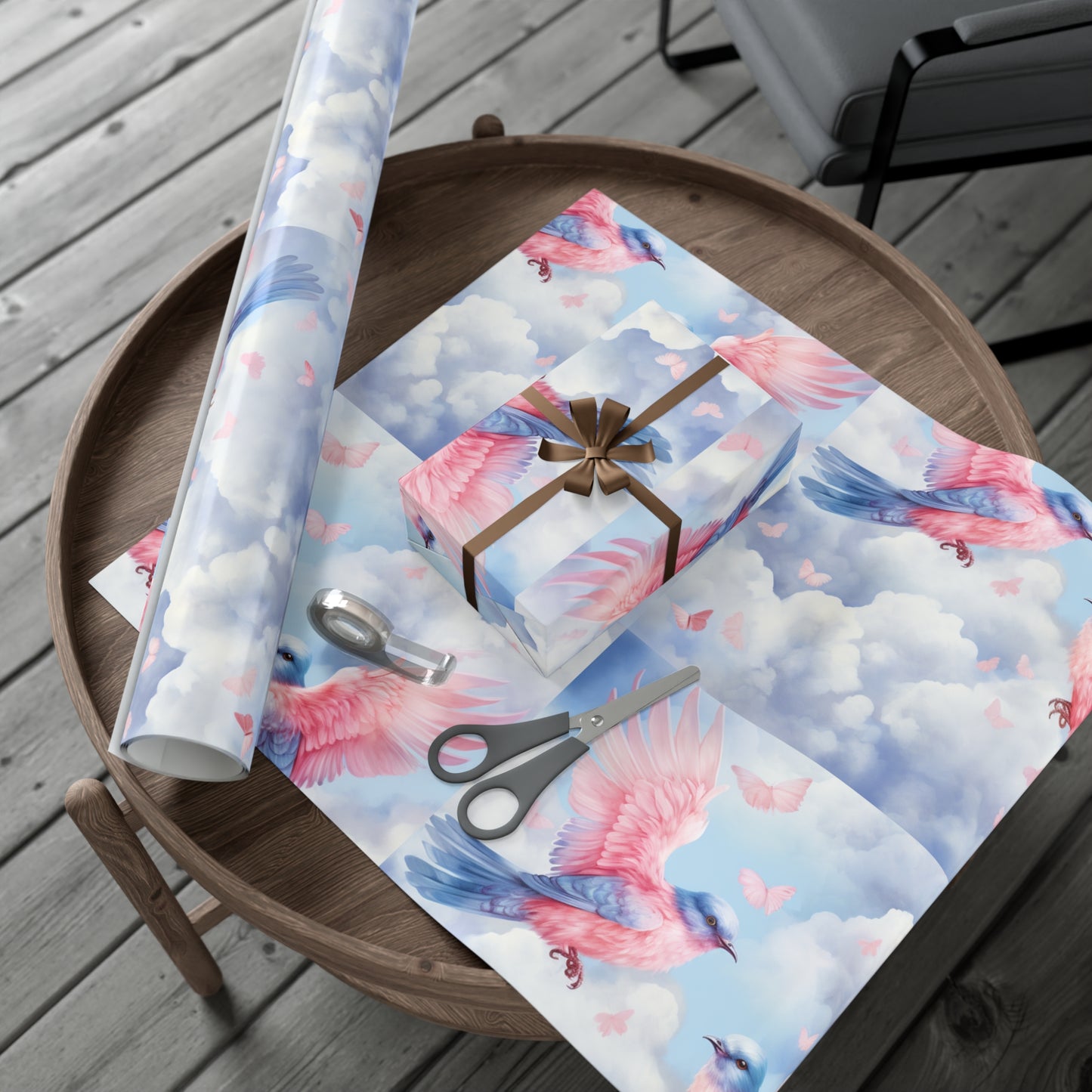 Gift Wrapping Paper of Love Birds, Sky Blue and Clouds with Butterflies, Tender Pastel Wrap for Birthdays, Valentine's, All Occasions