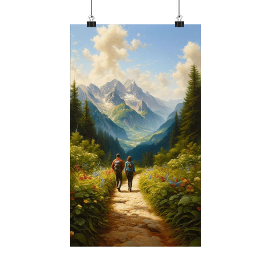 Summer Mountain Hike Poster, Couple's Trail Adventure Print, Vibrant Home Decor for Hiking and Sports Enthusiasts