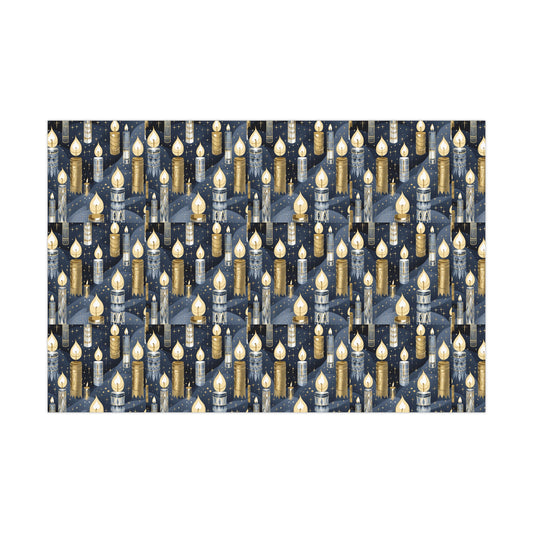 Golden and Silver Candles Wrapping Paper  Navy Background Perfect for Hanukkah, Christmas - Premium Gift Wrap Sheet