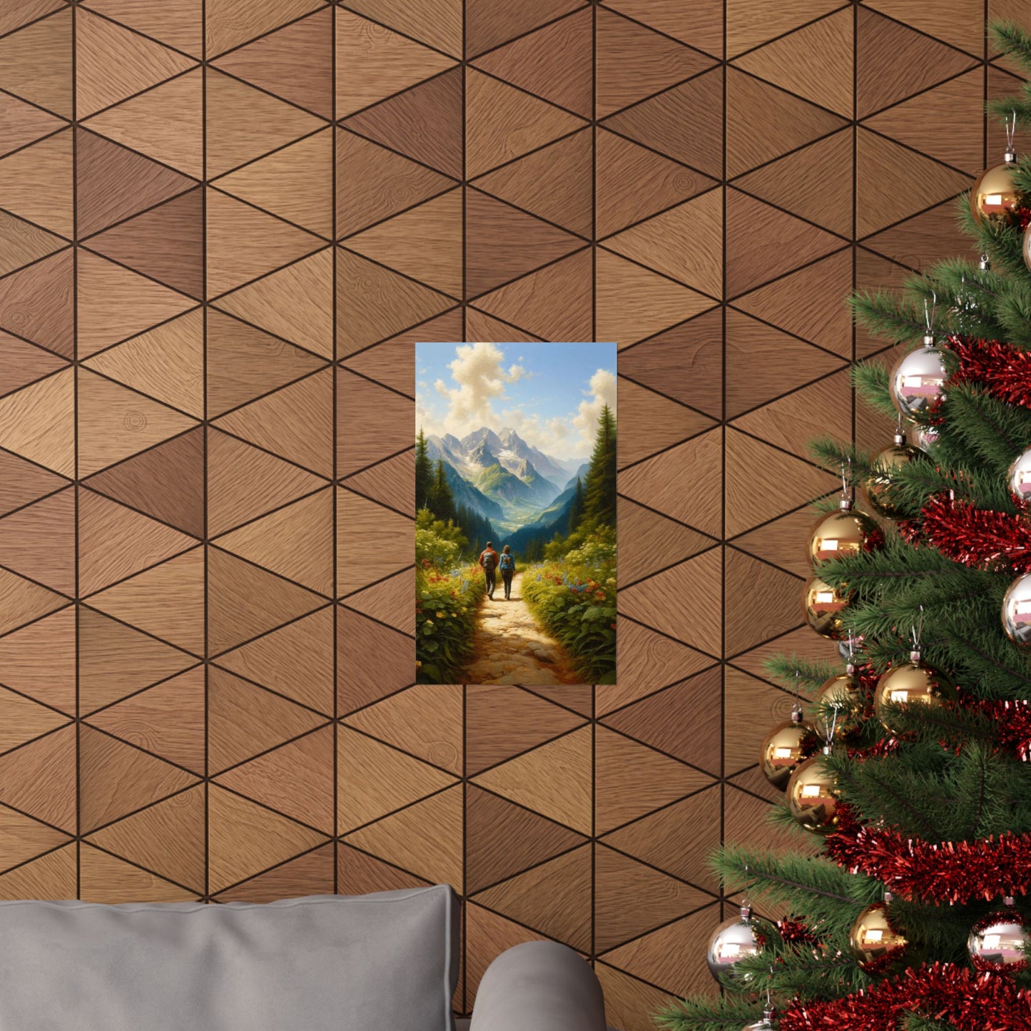 Summer Mountain Hike Poster, Couple's Trail Adventure Print, Vibrant Home Decor for Hiking and Sports Enthusiasts