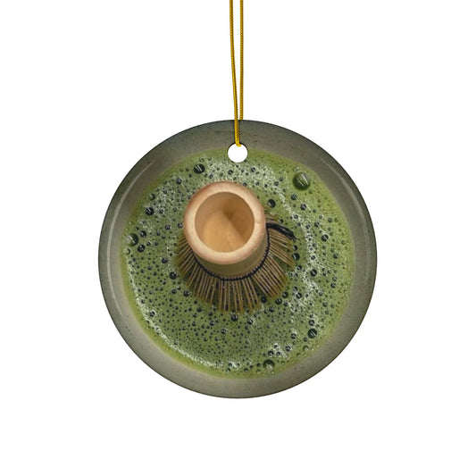 Matcha Ceramic Ornament, Double Sided Holiday Decor for Matcha Lovers, Circle Shaped Christmas Tree Decoration
