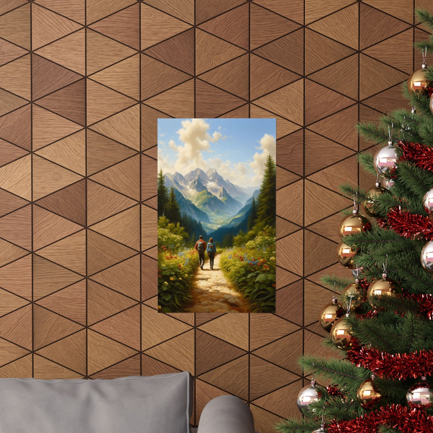 Summer Mountain Hike Poster, Couple's Trail Adventure Print, Vibrant Home Decor for Hiking and Sports Enthusiasts