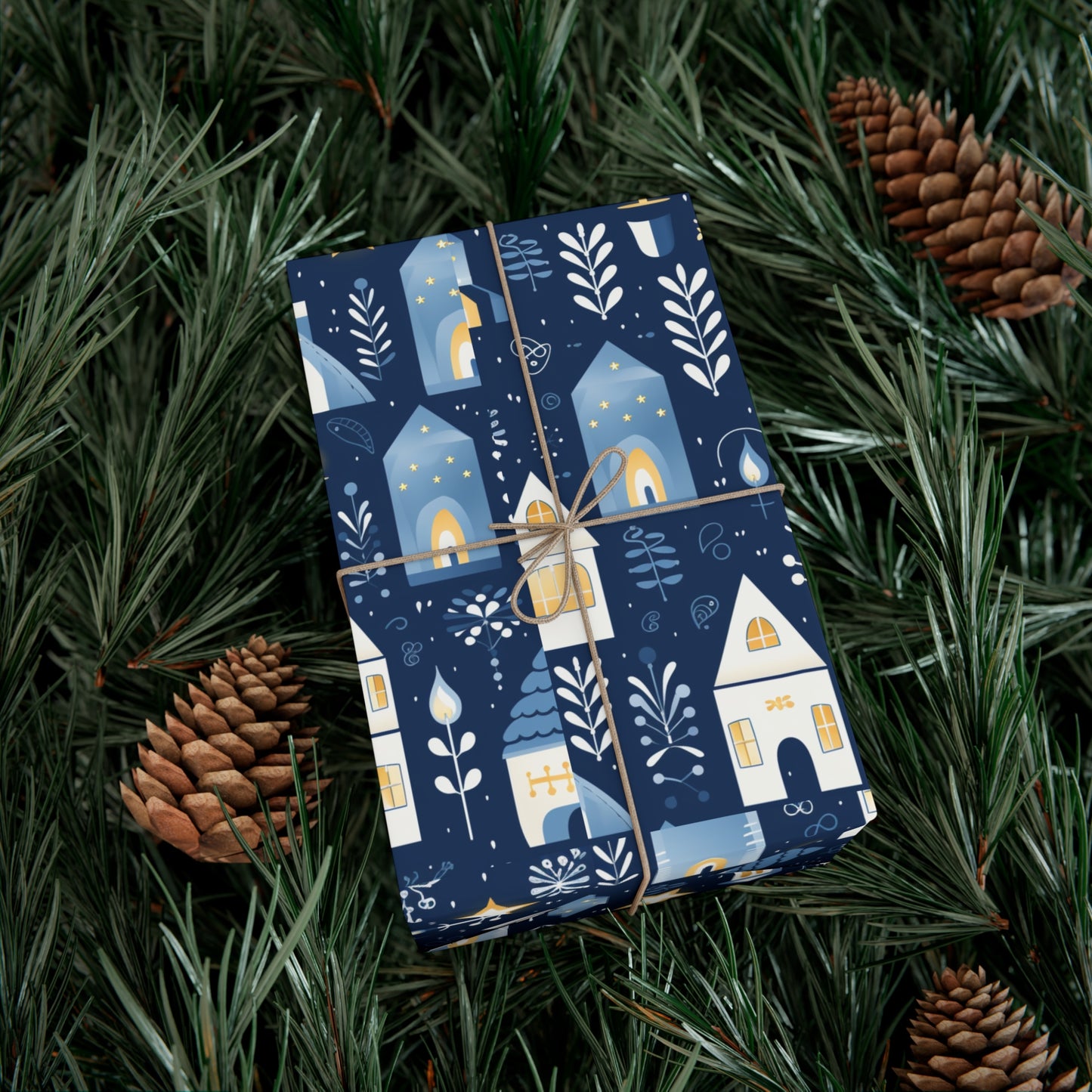 Blue Cozy Homes & Candles Gift Wrapping Paper - Elegant Winter - Themed Wrap for Special Occasions, Hanukkah, Birthdays, Holidays