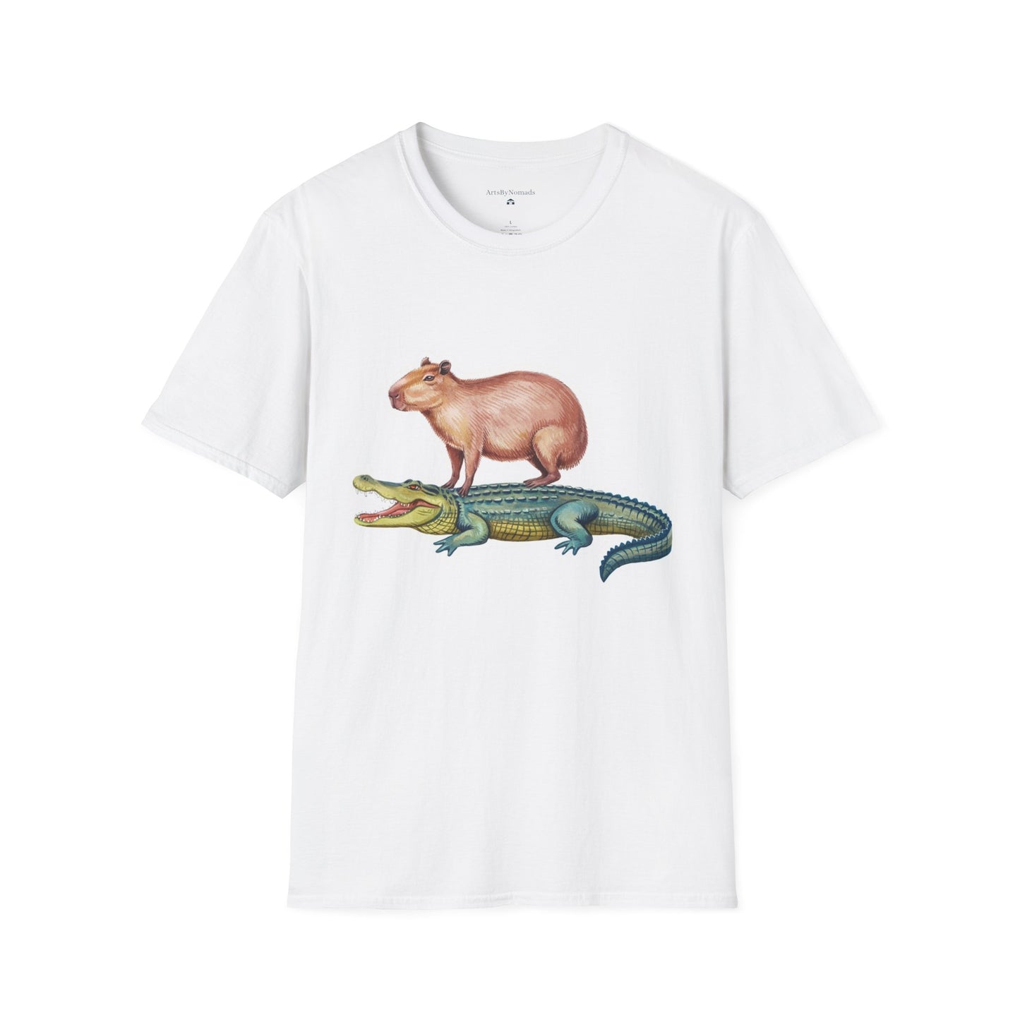 Funny Capybara and Crocodile T-Shirt, Cute Cozy Genderneutral Tee, Gift for Friends, Animal Graphic Shirt, Softstyle Unisex Comfy Tee