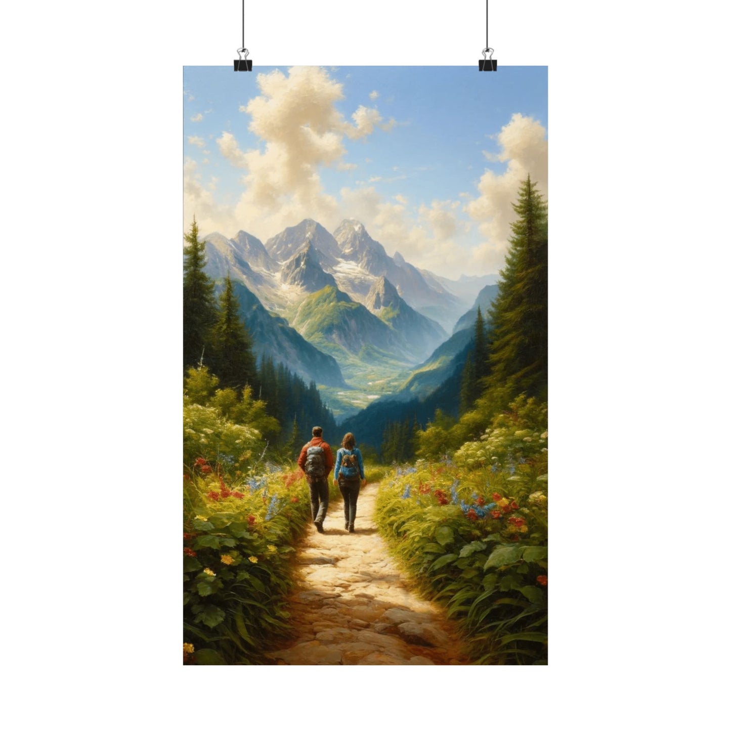 Summer Mountain Hike Poster, Couple's Trail Adventure Print, Vibrant Home Decor for Hiking and Sports Enthusiasts