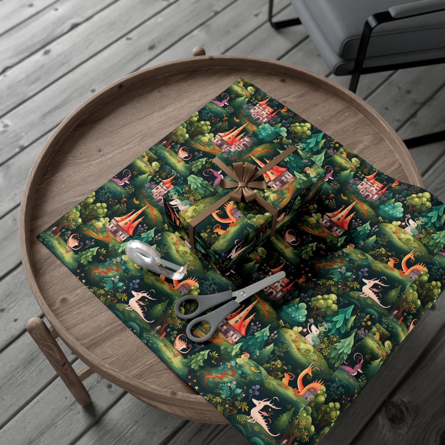 Gift Wrapping Paper illustrating Enchanted Forest and Whimsical Monsters - Magical Castle-Themed Gift Wrap Paper for All Occasions