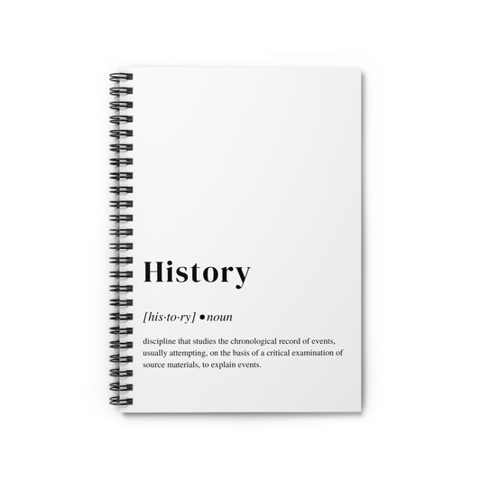 History Definition Spiral Notebook, Perfect Gift for Students, White Background, School and University Supplies