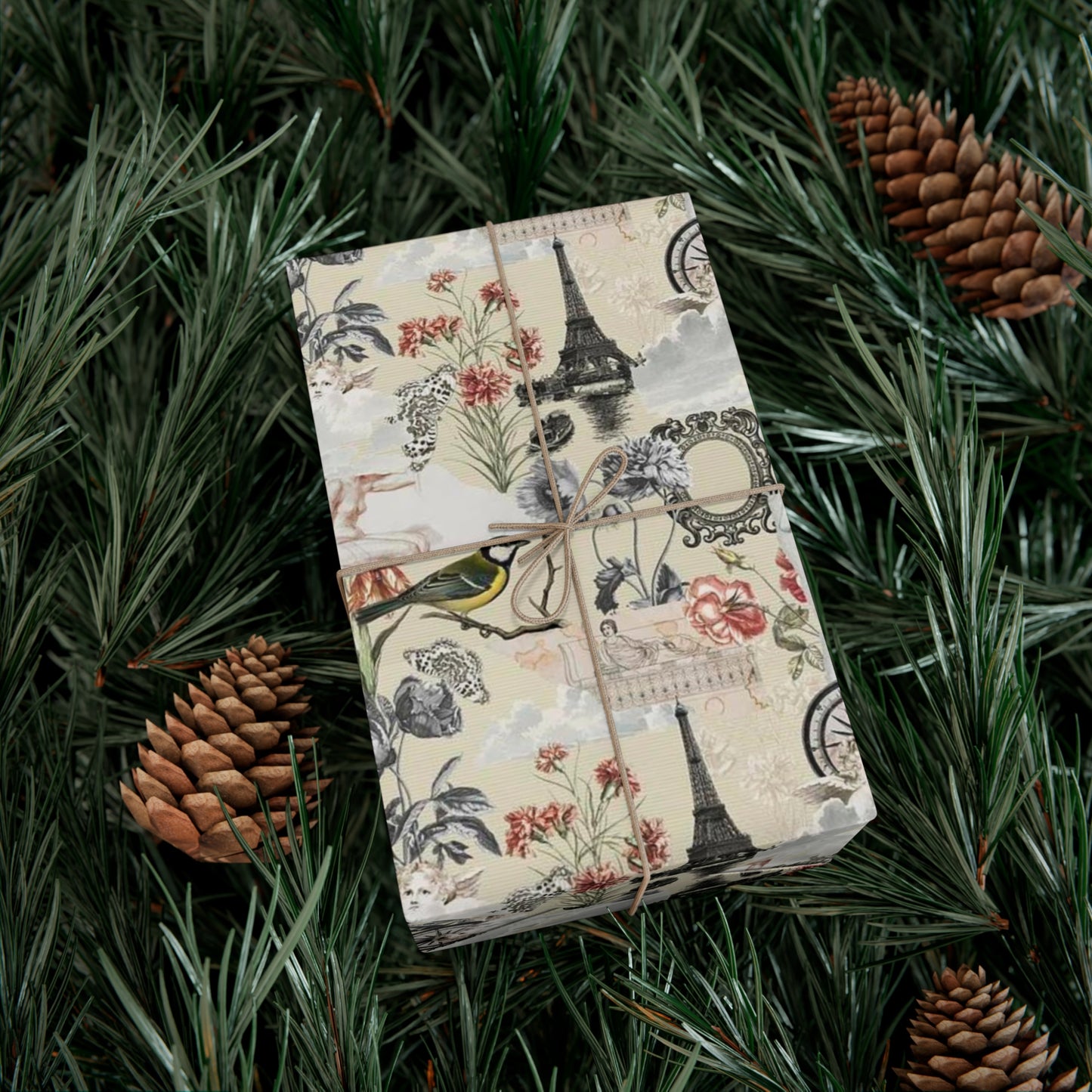 Vintage Antique Floral and Eiffel Tower Wrapping Paper - Retro Bird and Flower Pattern for Scrapbooking and Nostalgic Gifts