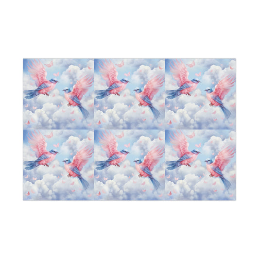 Gift Wrapping Paper of Love Birds, Sky Blue and Clouds with Butterflies, Tender Pastel Wrap for Birthdays, Valentine's, All Occasions