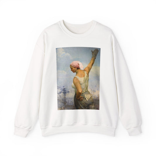 Feminist Art Crewneck Sweatshirt - Eco-Friendly Unisex Top with Construction Worker painting by Vladimir Serov