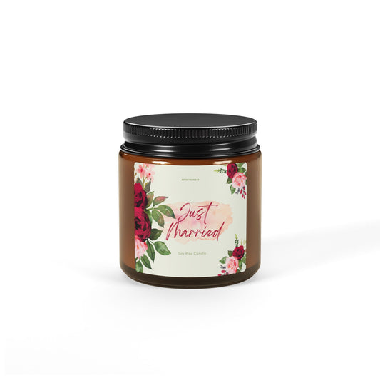 Soy Candle, Just Married Eco-Friendly Scented Candle, Gift for Bride or Groom, Wedding Home Decor, Natural Wax Candle, Amber Jar