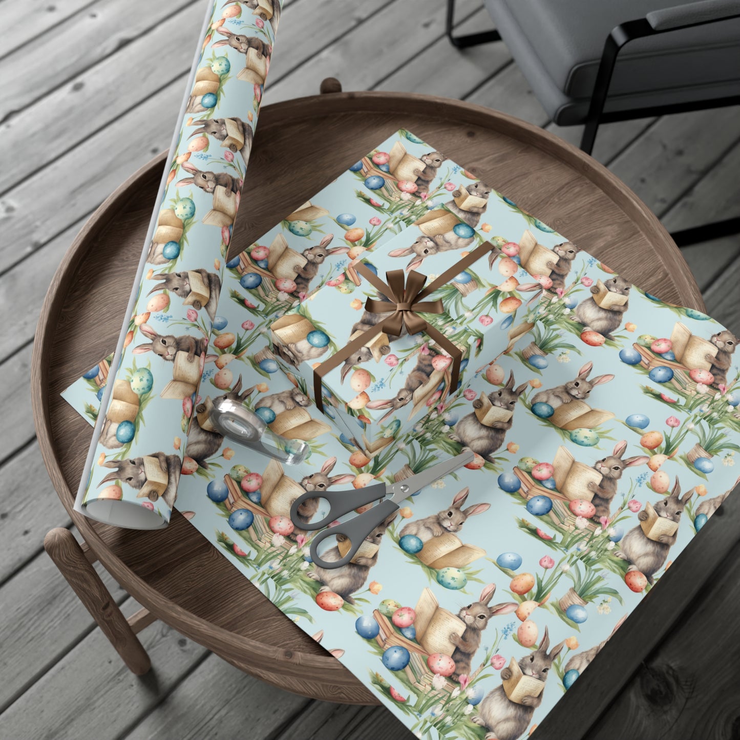 Adorable Easter Bunny Booklover Wrapping Paper - Soft Sky Blue with Colorful Eggs - Ideal for Easter, Baby Showers and Bunny Rabbit Lovers