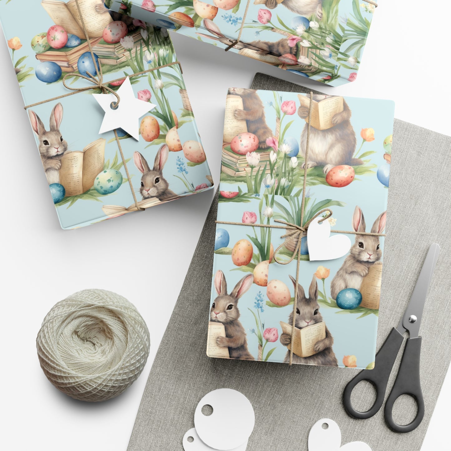 Adorable Easter Bunny Booklover Wrapping Paper - Soft Sky Blue with Colorful Eggs - Ideal for Easter, Baby Showers and Bunny Rabbit Lovers