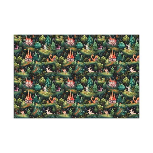 Gift Wrapping Paper illustrating Enchanted Forest and Whimsical Monsters - Magical Castle-Themed Gift Wrap Paper for All Occasions