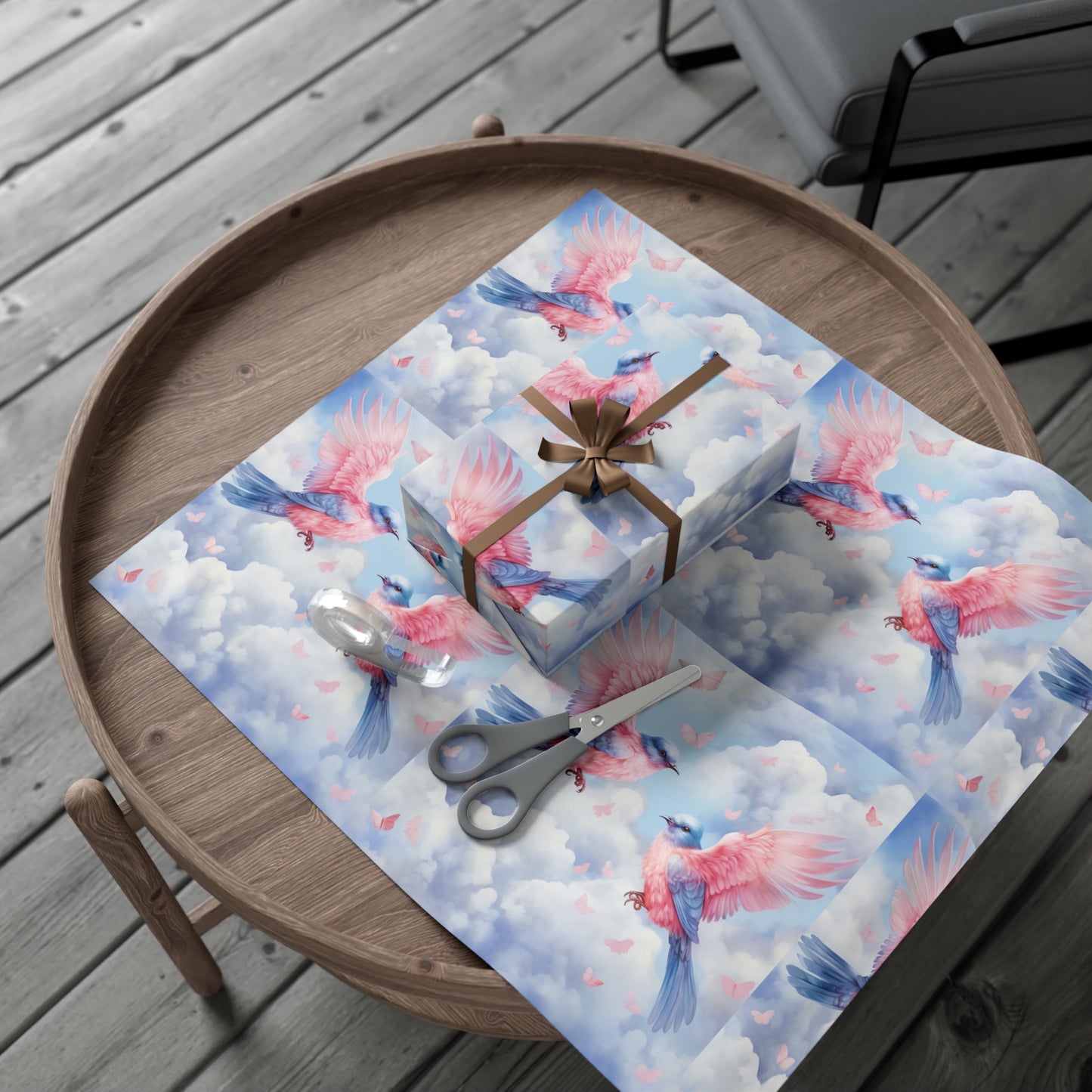 Gift Wrapping Paper of Love Birds, Sky Blue and Clouds with Butterflies, Tender Pastel Wrap for Birthdays, Valentine's, All Occasions