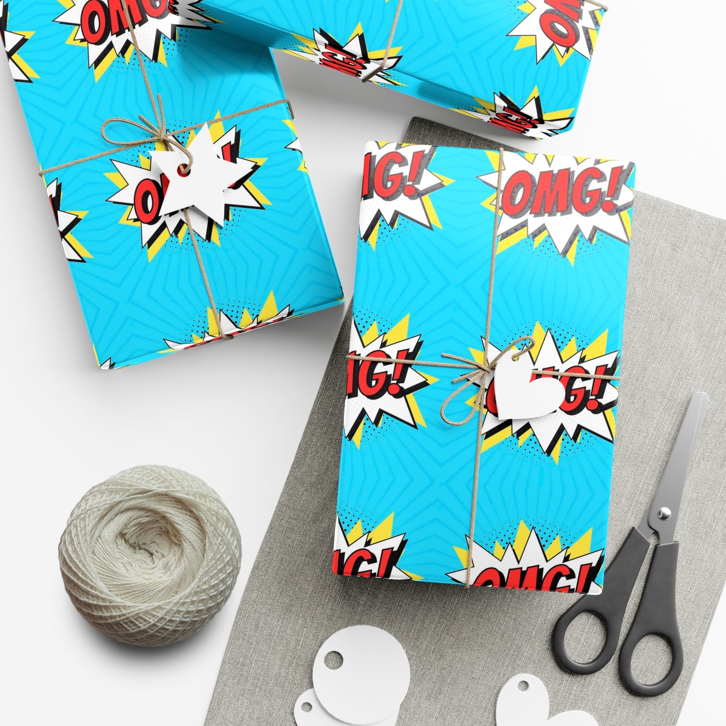 Retro Pop Art Wrapping Paper - OMG! Speech Bubble Design on Bright Blue - Unique Cartoon-Style Gift Wrap