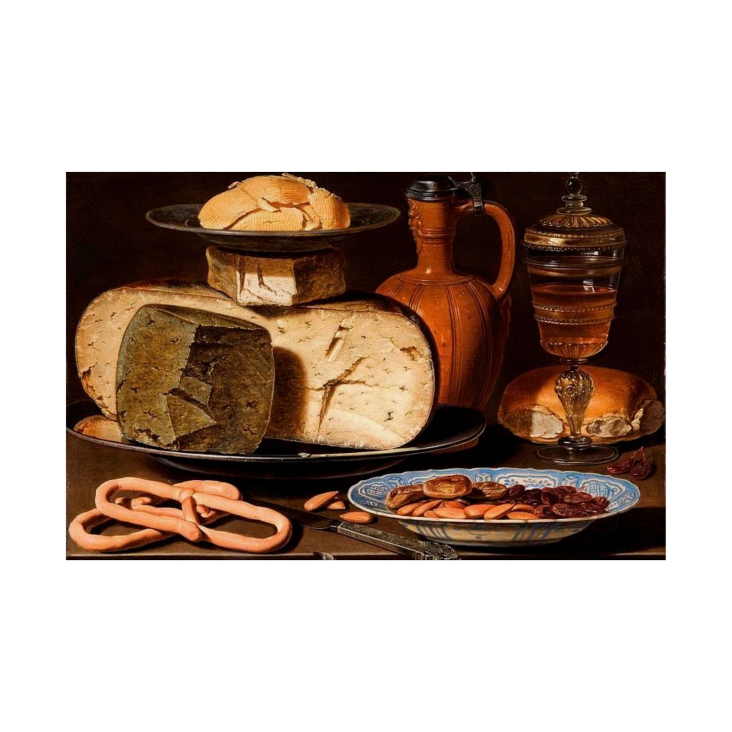 Clara Peeters' Still Life with Cheeses, Almonds and Pretzels Print - Classic Dutch Art Poster for Kitchen and Dining Decor