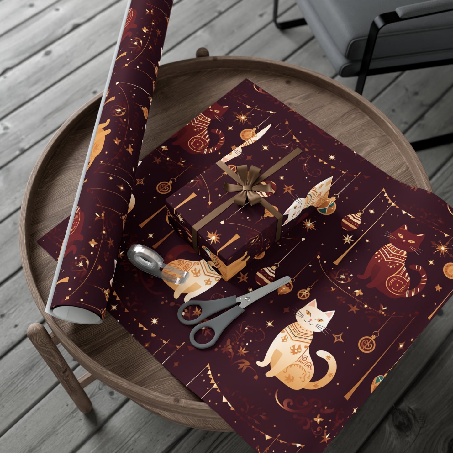 Elegant Cat Christmas Wrapping Paper - Golden Ornaments on Maroon - Luxury Festive Gift Wrap for Christmas, New Year, Chinese New Year
