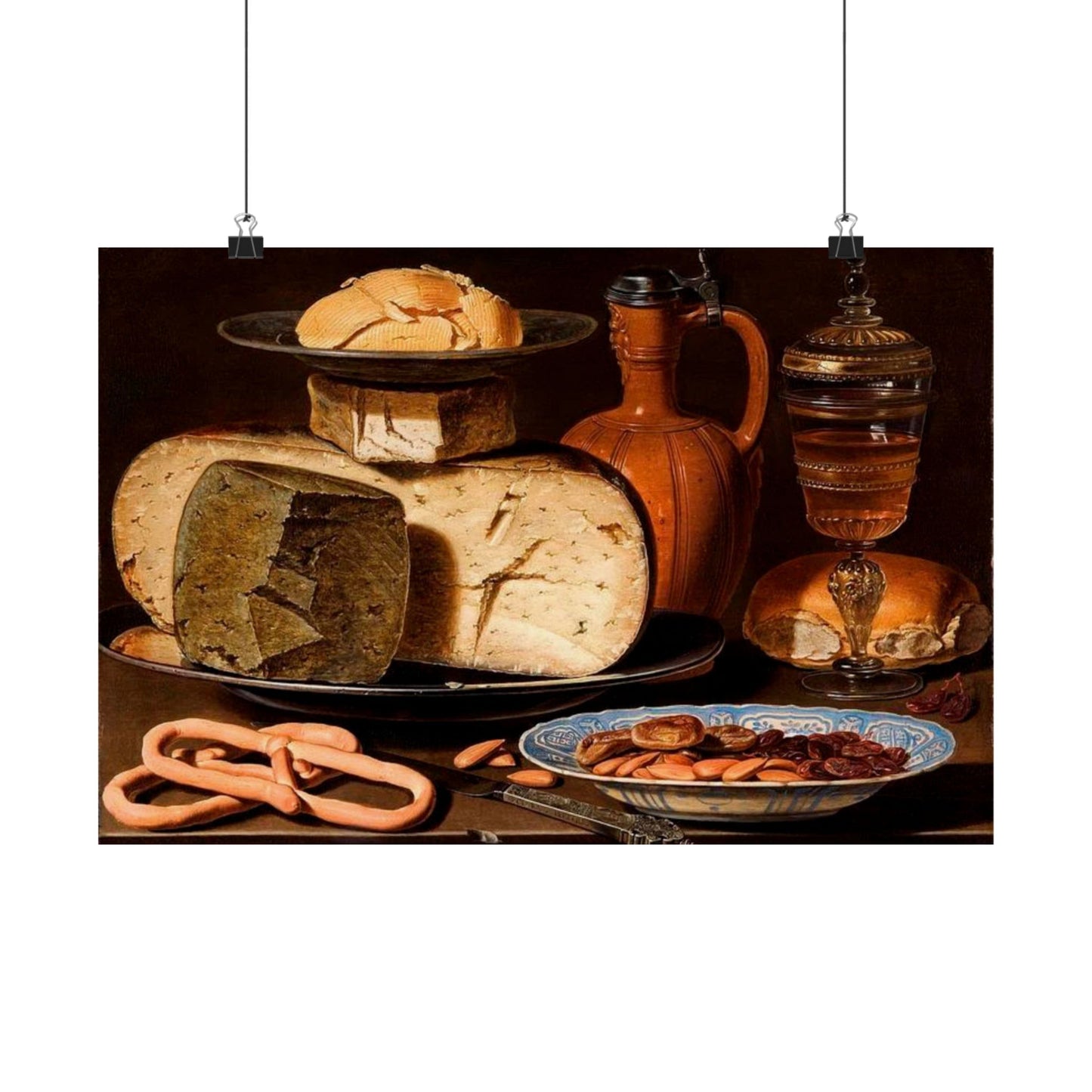 Clara Peeters' Still Life with Cheeses, Almonds and Pretzels Print - Classic Dutch Art Poster for Kitchen and Dining Decor