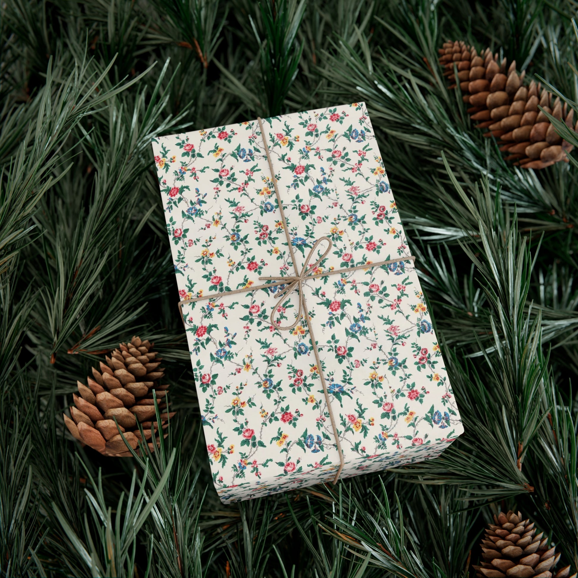 Elegant wildflower gift wrap in soft beige with delicate floral design, eco-friendly wrapping paper for birthdays, weddings, and special occasions.
