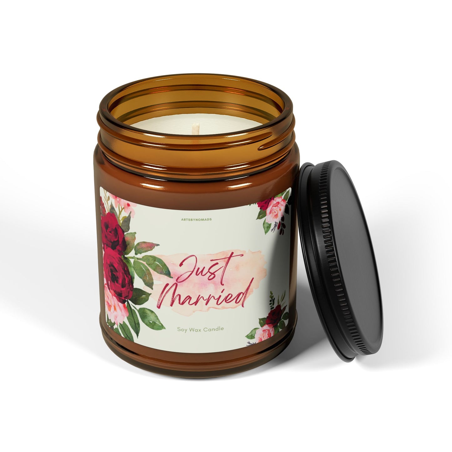 Soy Candle, Just Married Eco-Friendly Scented Candle, Gift for Bride or Groom, Wedding Home Decor, Natural Wax Candle, Amber Jar