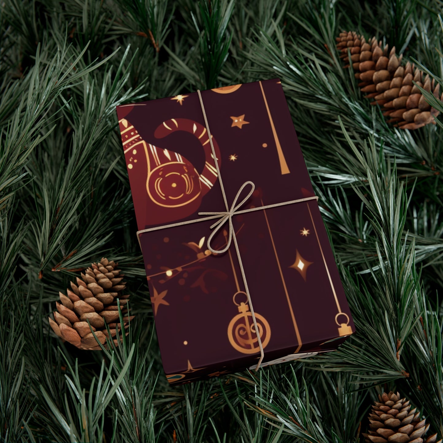 Elegant Cat Christmas Wrapping Paper - Golden Ornaments on Maroon - Luxury Festive Gift Wrap for Christmas, New Year, Chinese New Year