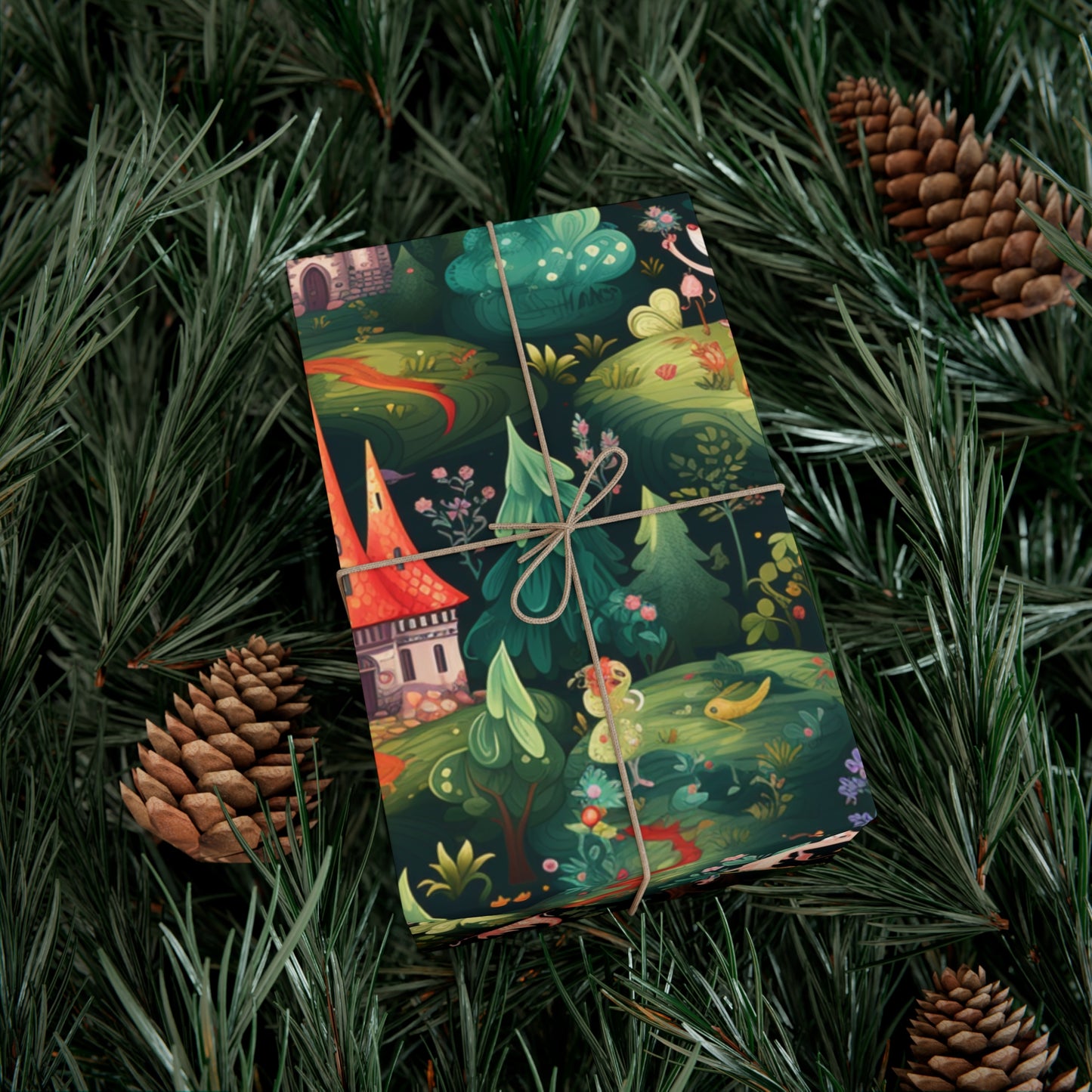 Gift Wrapping Paper illustrating Enchanted Forest and Whimsical Monsters - Magical Castle-Themed Gift Wrap Paper for All Occasions
