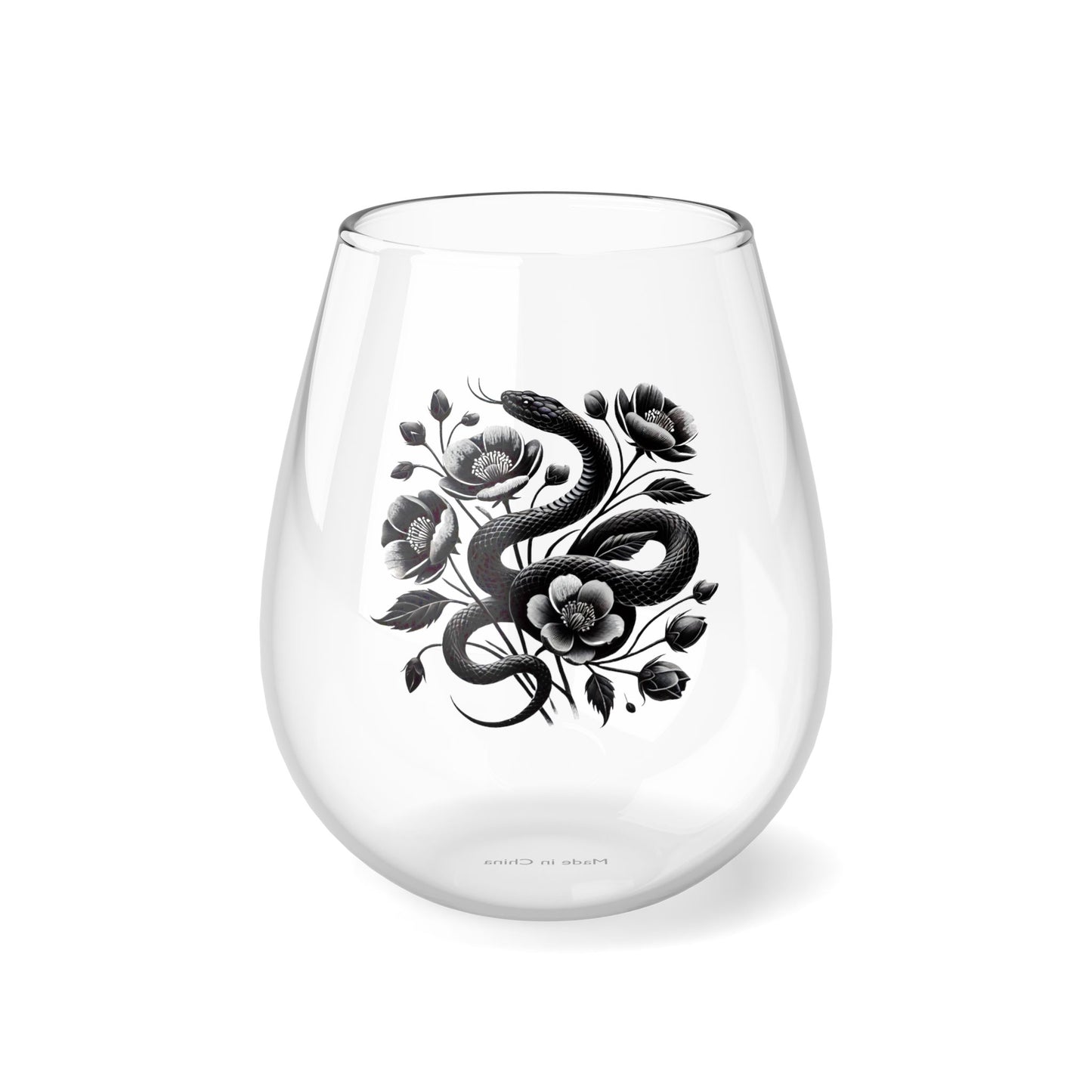 Stemless Wine Glass, Elegant Snake and Blooming Flowers, 11.75oz, Perfect for Halloween, New Year 2025, and Gift Giving