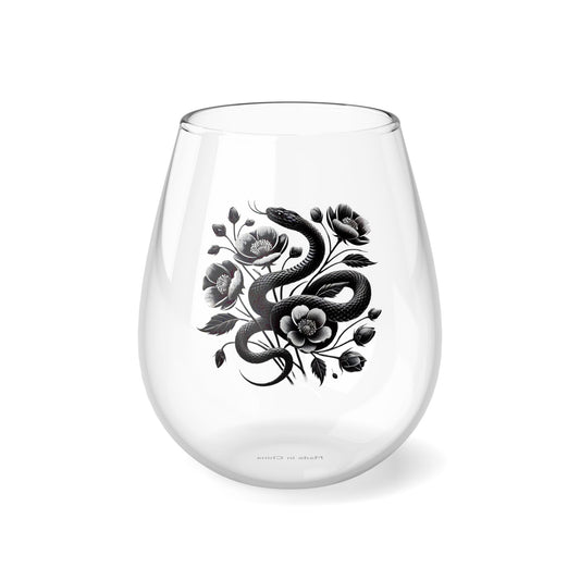 Stemless Wine Glass, Elegant Snake and Blooming Flowers, 11.75oz, Perfect for Halloween, New Year 2025, and Gift Giving