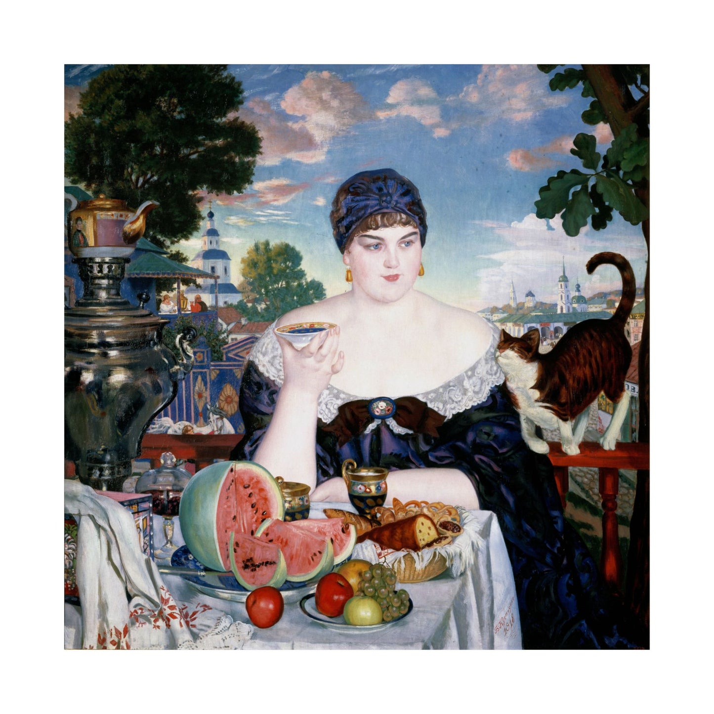 Merchant's Wife at Tea Poster by Boris Kustodiev, Russian Fine Art Print