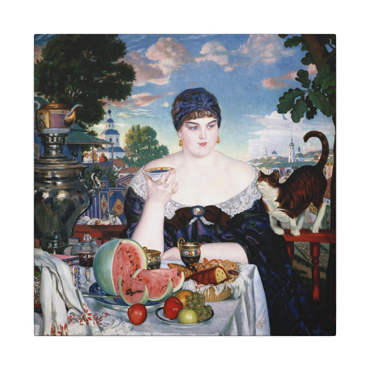 Merchant's Wife at Tea Canvas Print by Boris Kustodiev, Russian Art, Luxurious Home Decor, Eco-Friendly Wall Art