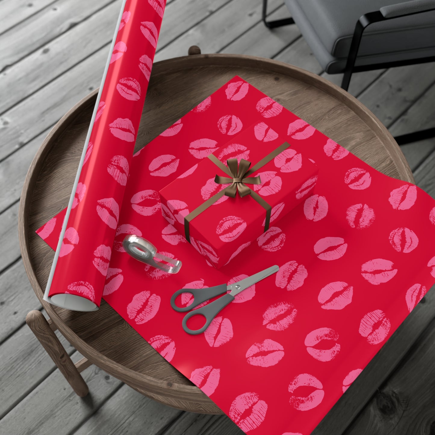 Chic Pink Lipstick Kisses Gift Wrap, Birthday Wrapping Paper, Stylish Red and Pink Design