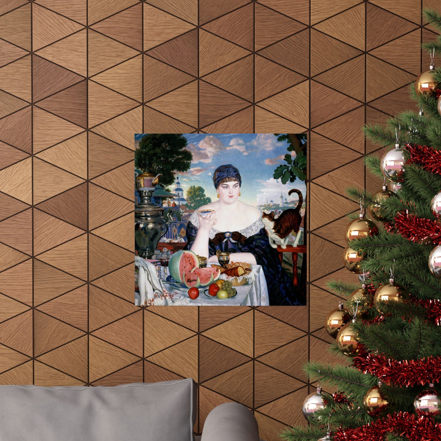 Merchant's Wife at Tea Poster by Boris Kustodiev, Russian Fine Art Print