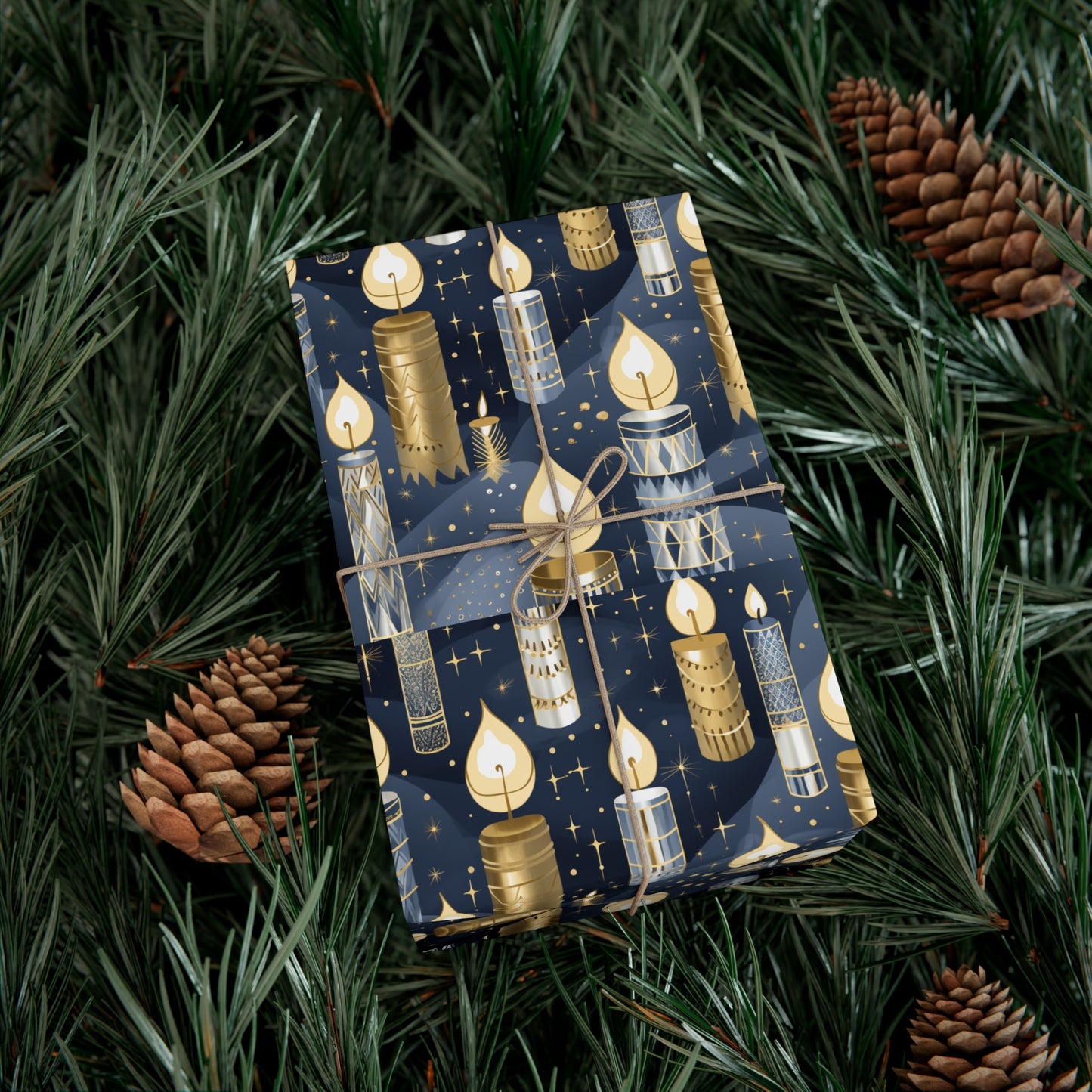 Golden and Silver Candles Wrapping Paper  Navy Background Perfect for Hanukkah, Christmas - Premium Gift Wrap Sheet