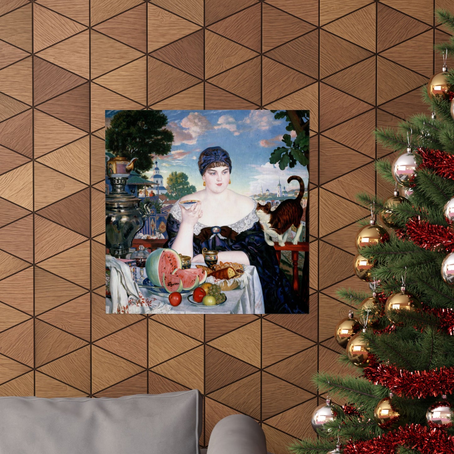 Merchant's Wife at Tea Poster by Boris Kustodiev, Russian Fine Art Print