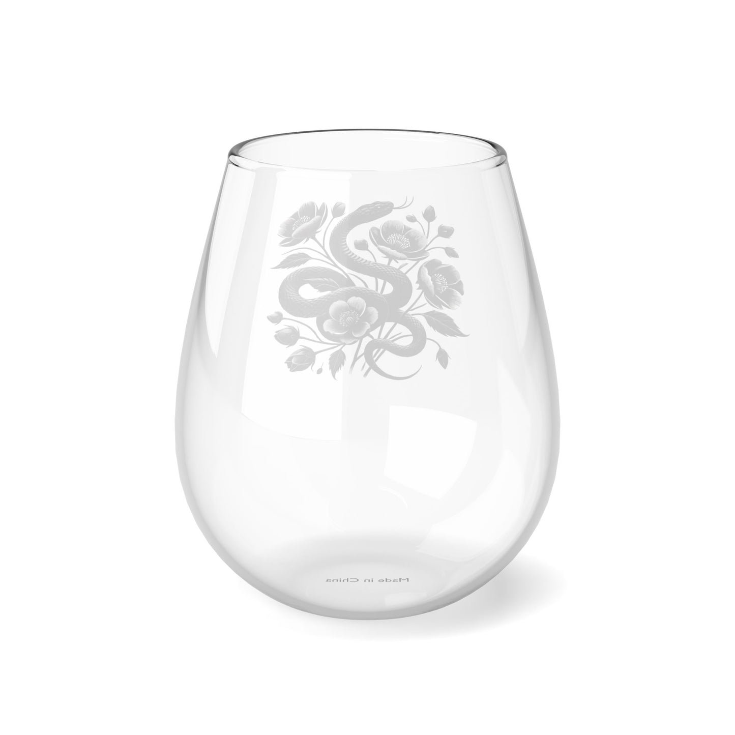 Stemless Wine Glass, Elegant Snake and Blooming Flowers, 11.75oz, Perfect for Halloween, New Year 2025, and Gift Giving