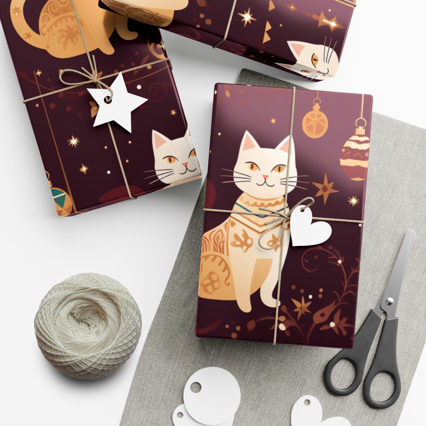 Elegant Cat Christmas Wrapping Paper - Golden Ornaments on Maroon - Luxury Festive Gift Wrap for Christmas, New Year, Chinese New Year